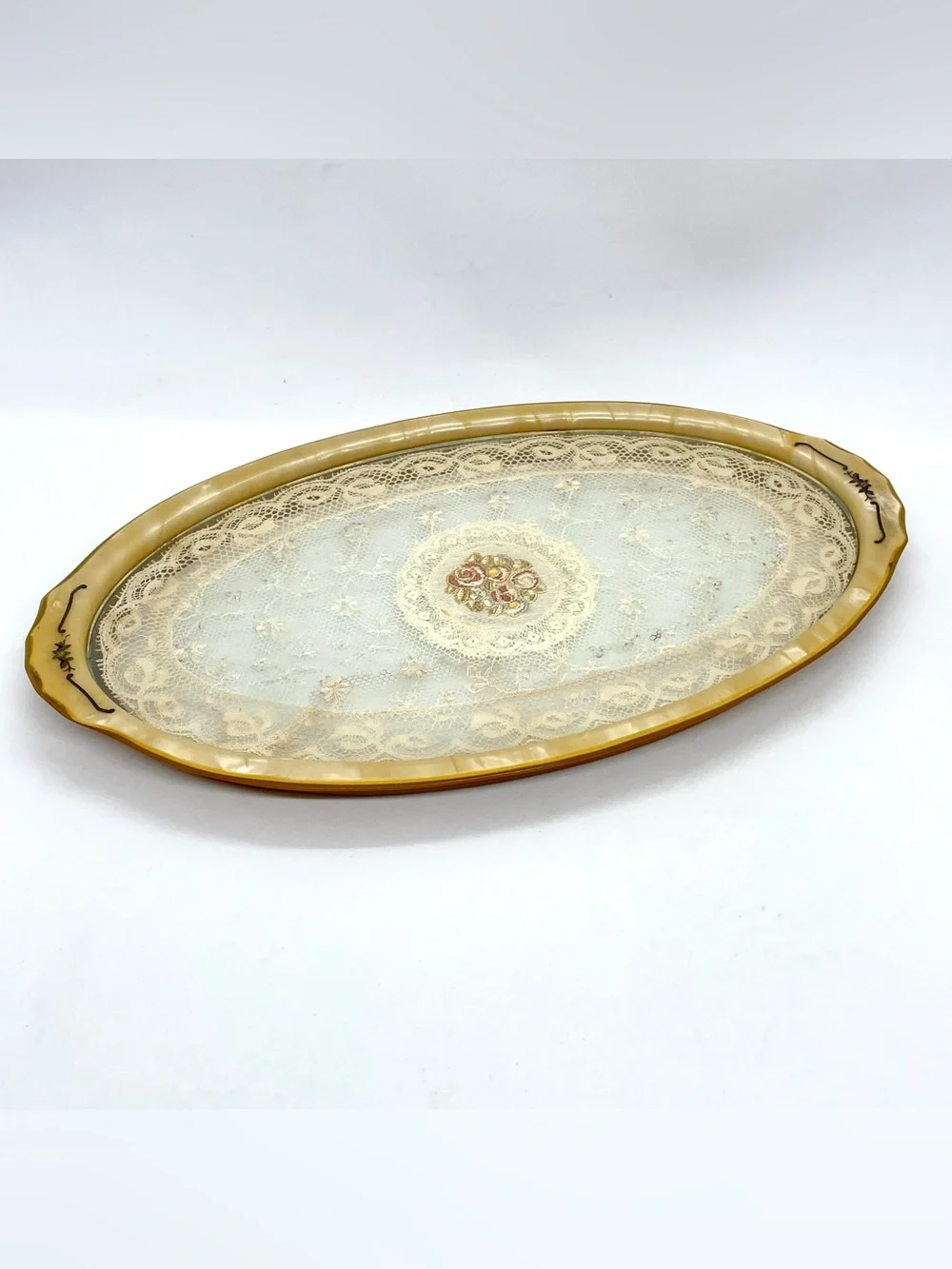 Vintage Lucite Vanity Tray with Lace & Embroidered Roses Butterscotch Oval